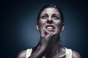 Image showing Close up portrait of a crying woman with bruised skin and black eyes