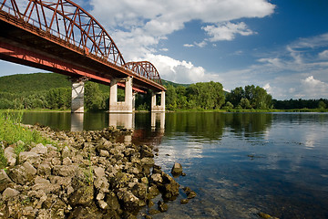 Image showing Steel railroad bridge across the river