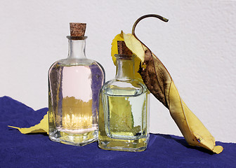 Image showing Small Bottles and Yellow Leaves