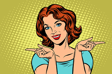 Image showing Woman pointing fingers left and right