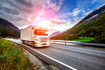 Image showing Truck and highway at sunset