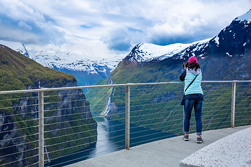 Image showing Nature photographer Geiranger fjord, Beautiful Nature Norway.