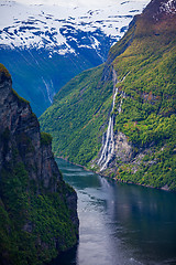 Image showing Geiranger fjord, Norway waterfall Seven Sisters