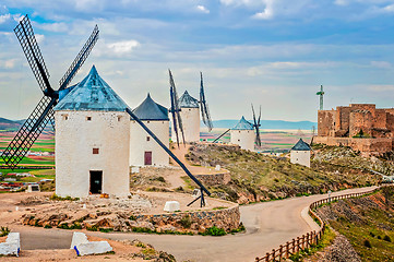 Image showing View of windmills in Consuegra, Spain