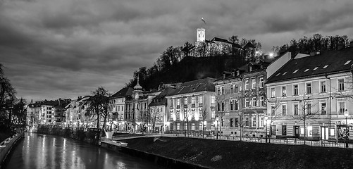 Image showing Evening panorama of riverfront of Ljubljana, Slovenia.