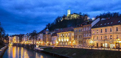 Image showing Evening panorama of riverfront of Ljubljana, Slovenia.