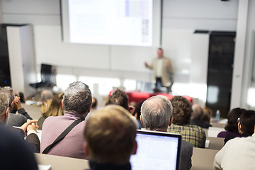 Image showing Business speaker giving a talk at business conference event.