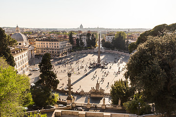 Image showing Aerial view of people, sculptures, fountain and churches on Piazza del Popolo in Rome, Italy.