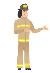 Image showing Young caucasian happy firefighter gesturing.