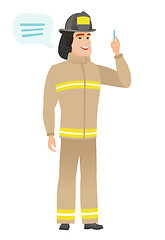 Image showing Young caucasian firefighter with speech bubble.