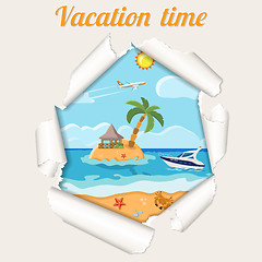 Image showing Vacation Concept Island through Torn Hole in Paper