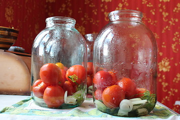 Image showing tomatoes in jars prepared for preservation