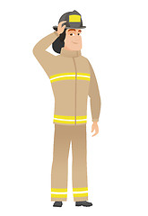 Image showing Young caucasian firefighter scratching his head.