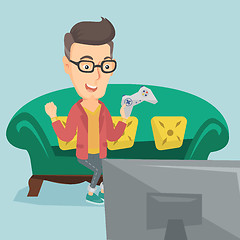 Image showing Man playing video game vector illustration.