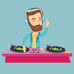 Image showing DJ mixing music on turntables vector illustration.