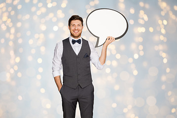 Image showing happy man in suit holding blank text bubble banner