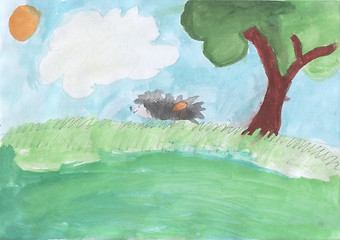 Image showing Children\'s drawing - Hedgehog on the edge of the forest