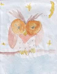 Image showing Child\'s drawing - Owl on a branch