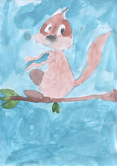 Image showing Children\'s drawing - Squirrel sits on a branch