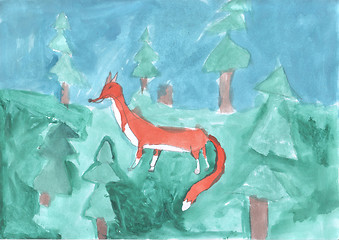Image showing Children\'s drawing - Fox in the forest