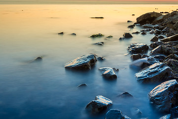 Image showing Coastline of the rocky beach of the Black Sea after sunset, Anapa, Russia