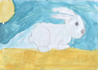 Image showing Children\'s drawing - a bunny on a clearing