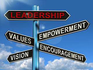 Image showing Leadership Signpost Showing Vision Values Empowerment and Encour