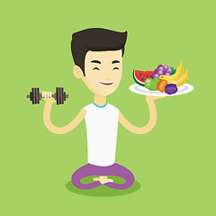 Image showing Healthy man with fruits and dumbbell.