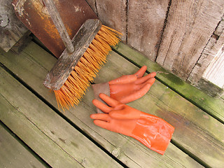 Image showing Broom & gloves