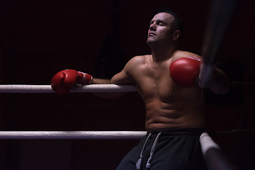 Image showing kick boxer resting on the ropes in the corner