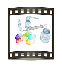 Image showing Syringe, tablet, pill jar. 3D illustration. The film strip.