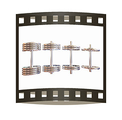 Image showing dumbbells. 3d illustration. The film strip.