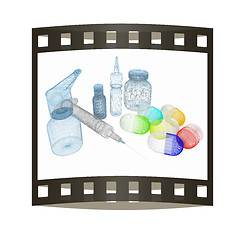 Image showing Syringe, tablet, pill jar. 3D illustration. The film strip.