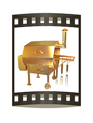 Image showing Gold BBQ Grill. 3d illustration. The film strip.