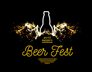 Image showing Beer fest. Splash of beer with bubbles on a black background. Vector illustration with a silhouette of a bottle