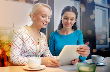 Image showing happy young women drinking tea or coffee at cafe