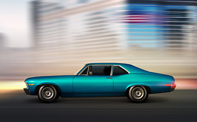 Image showing blue retro car moving at night