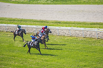 Image showing Galloping race horses and jockeys in racing competition