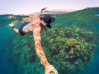 Image showing Snorkel swims in shallow water, Red Sea, Egypt Safaga
