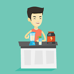 Image showing Young man making protein cocktail.