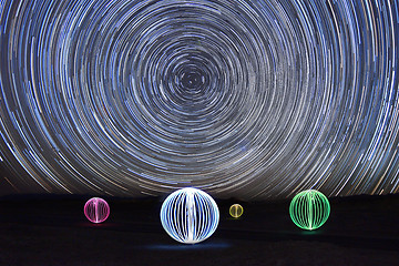 Image showing Time Lapse Star Trails With Light Painted Orb Balls