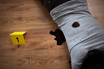 Image showing dead woman body in blood on floor at crime scene