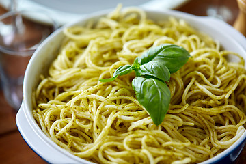 Image showing close up of pasta with basil in bowl