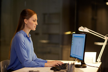 Image showing businesswoman with papers working at night office