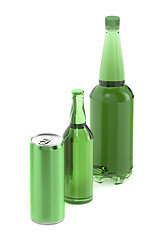 Image showing Plastic and glass beer bottles and can