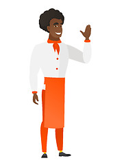 Image showing Young african-american chef cook waving his hand.