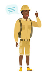 Image showing Young african-american traveler with speech bubble