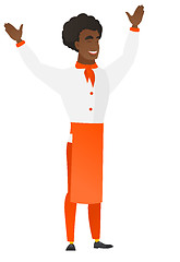 Image showing Chef cook standing with raised arms up.