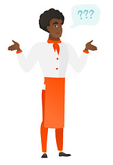 Image showing African confused chef cook with spread arms.