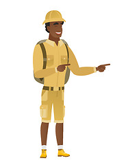 Image showing African-american traveler pointing to the side.